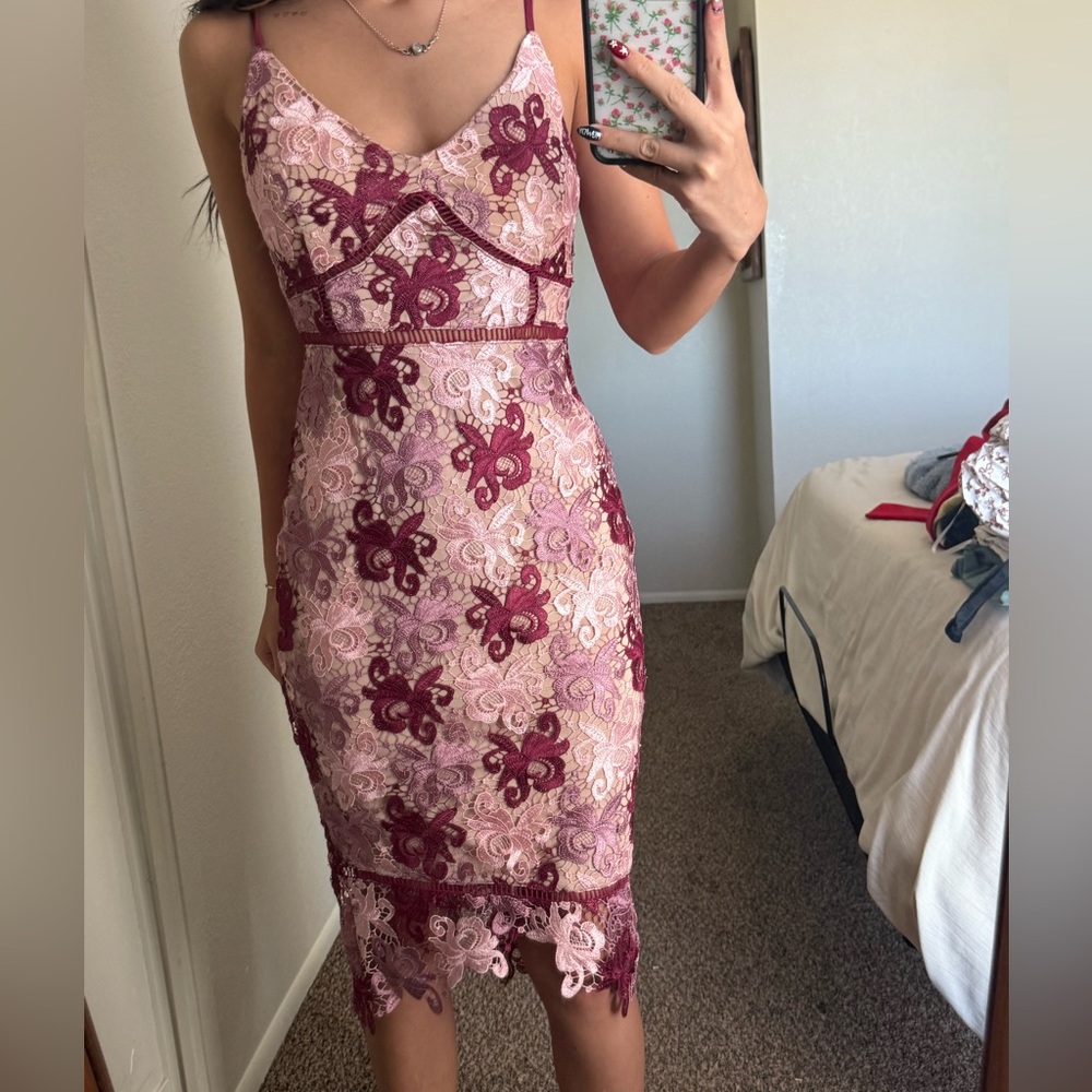 Lulu's Lace Midi Dress in Pink and Burgundy
